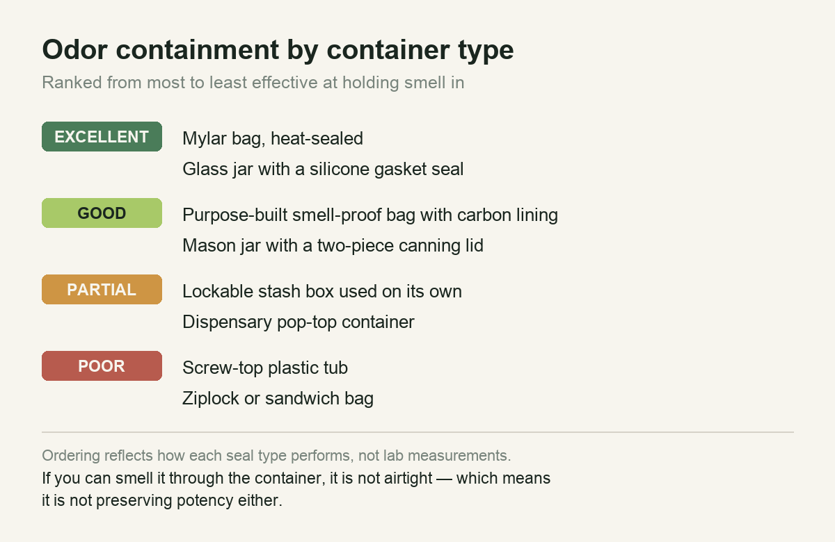 Odor containment ranked by container type, from mylar bags to ziplock
