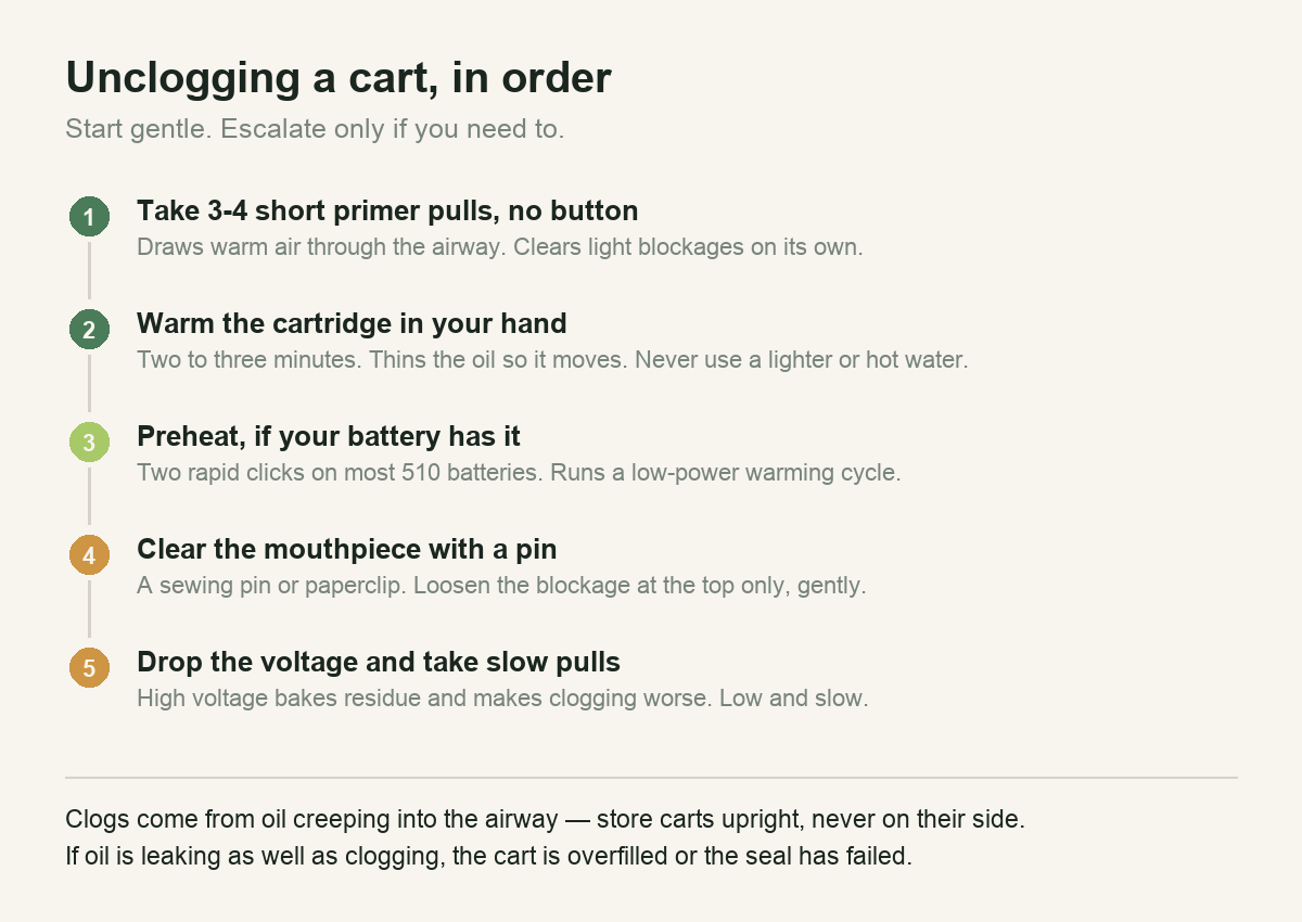 Five steps to unclog a THC cart, from primer pulls to lowering voltage